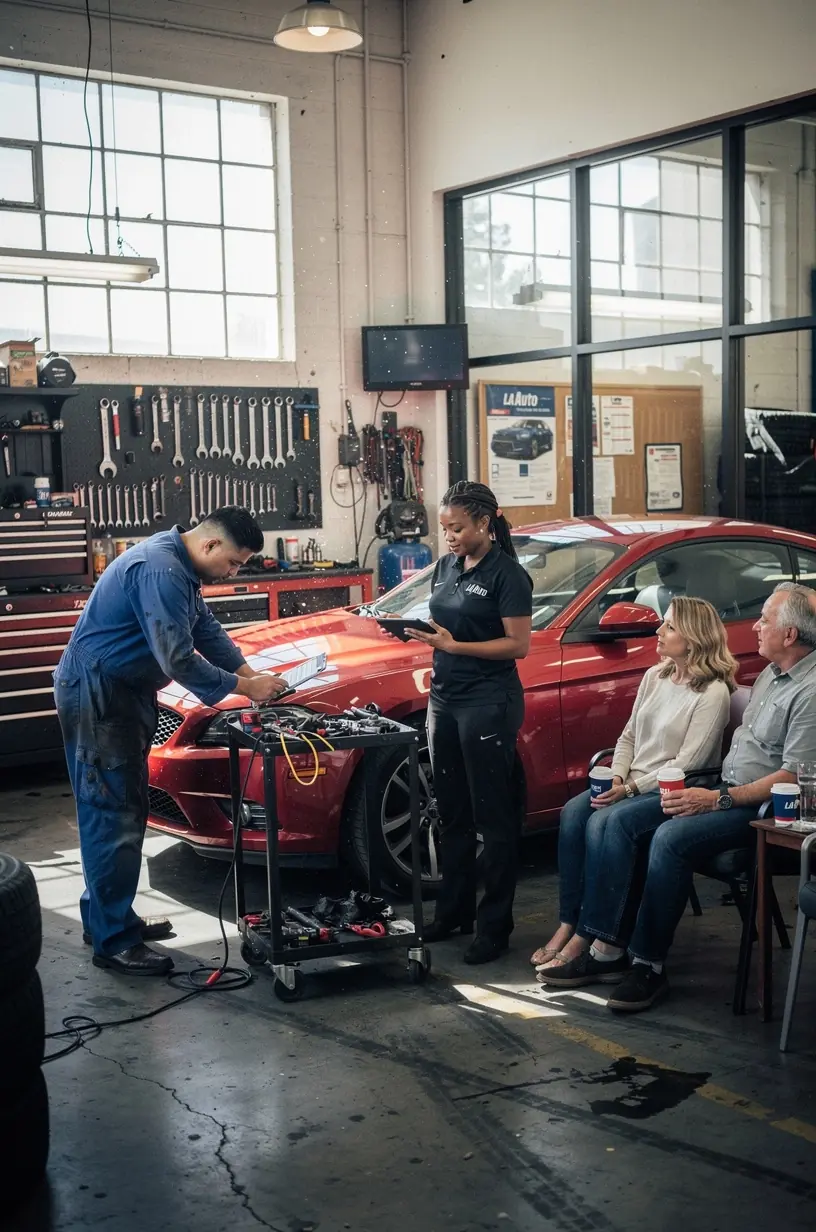 Technician performing routine oil change service on a vehicle at a busy Los Angeles auto maintenance center